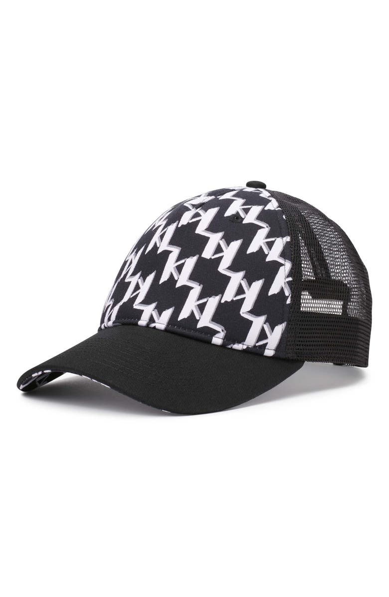 KARL LAGERFELD PARIS Grid Logo Snapback Trucker Cap, Main, color, 