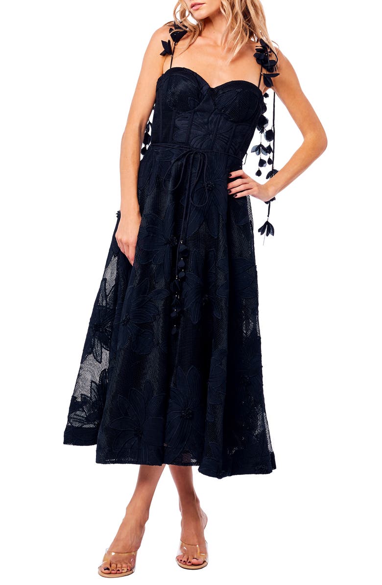 CIEBON Emilia Bustier Lace Midi Cocktail Dress, Main, color, Black