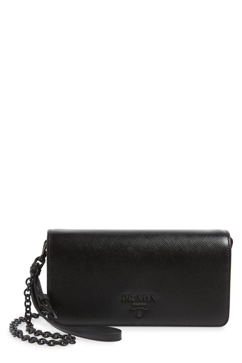 Saffiano Leather Wallet on a Chain, Main, color, NERO