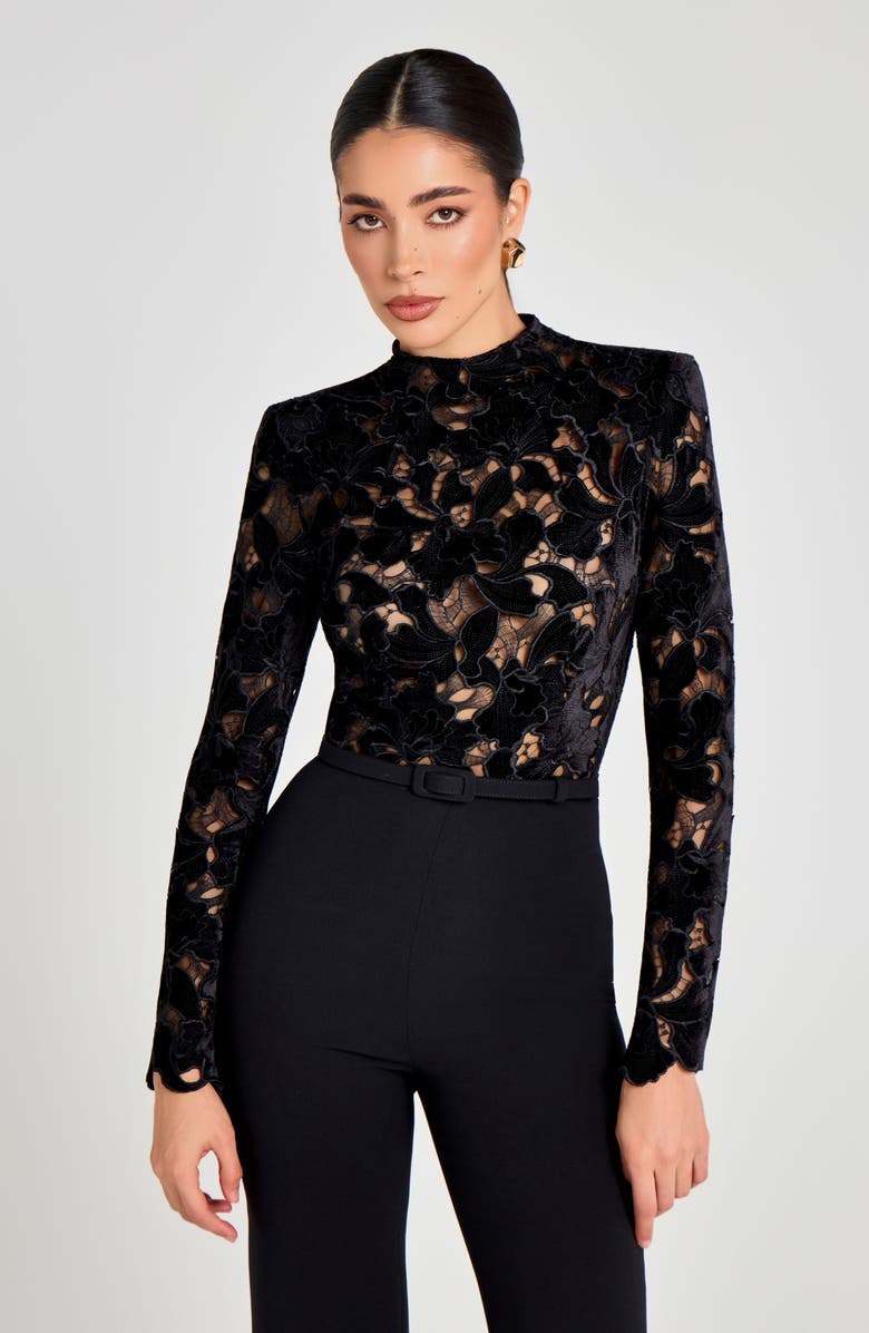 NADINE MERABI Lace Mock Neck Velvet Jumpsuit, Alternate, color, Black