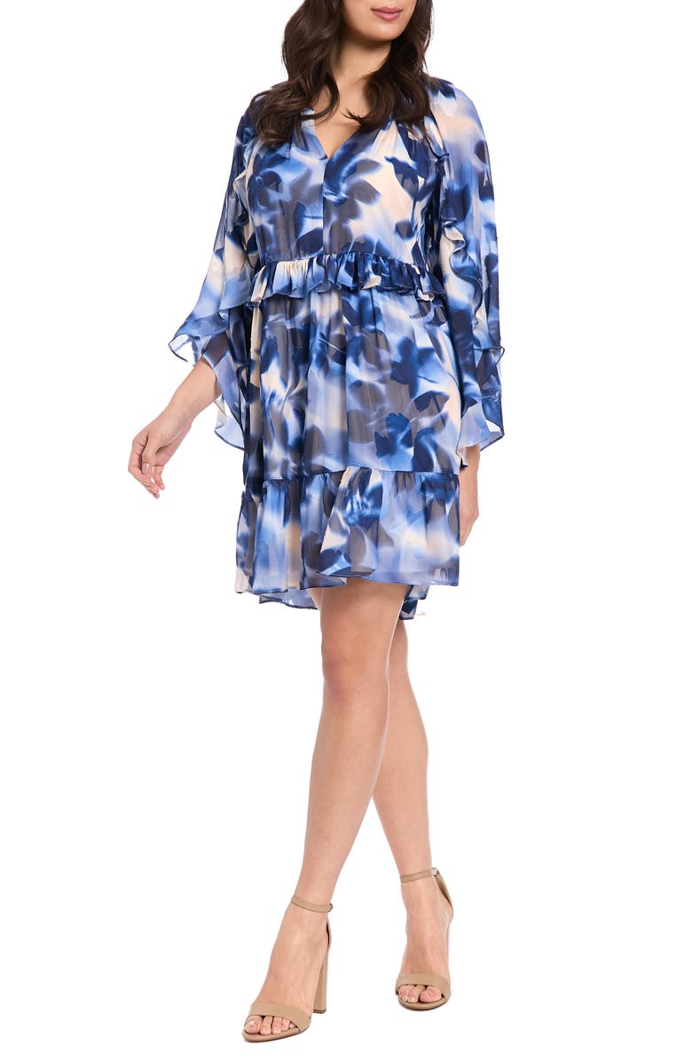 London Times Ruffle Bell Sleeve Chiffon Minidress, Alternate, color, Cream/ Blue