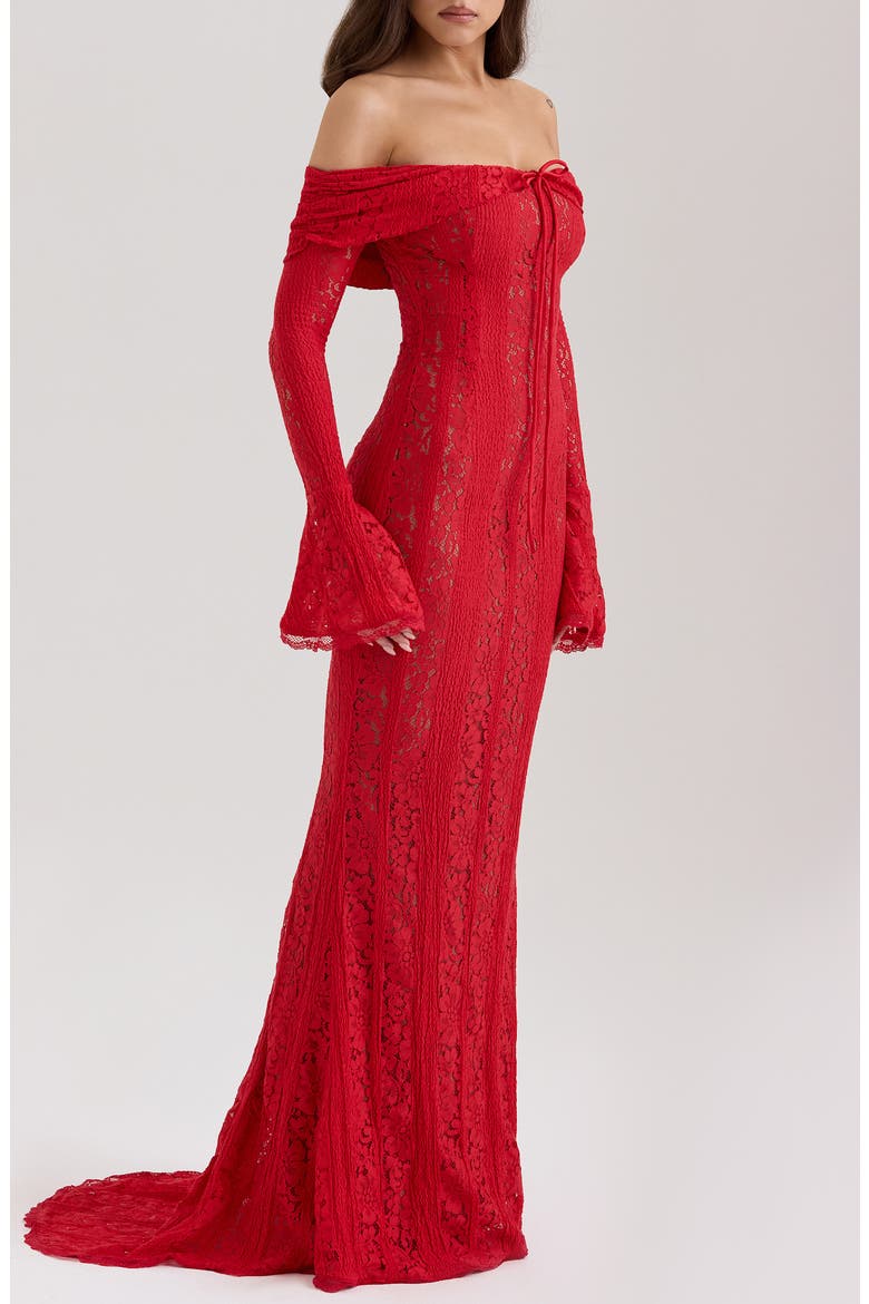 Belle Off the Shoulder Long Sleeve Mermaid Gown, Alternate, color, RED