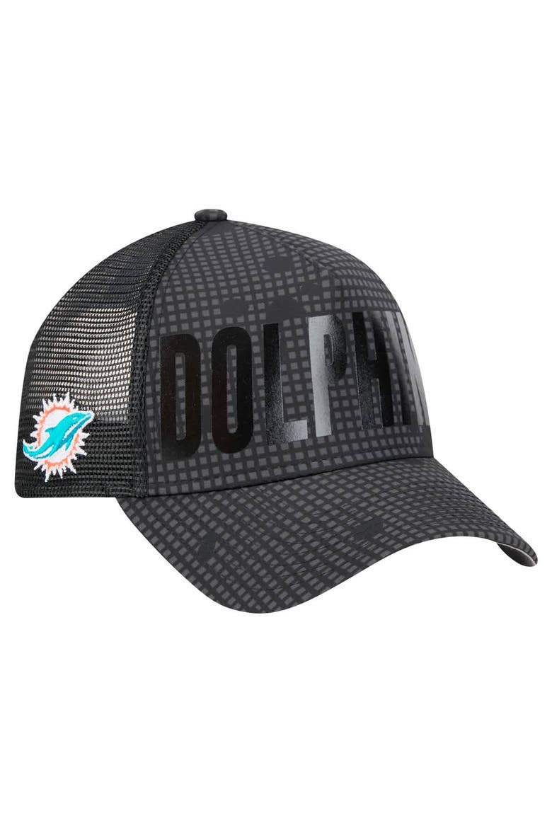 Men's New Era Black Miami Dolphins  Midnight Ink Tonal Text A-Frame Trucker 9FORTY Adjustable Hat, Main, color, Black