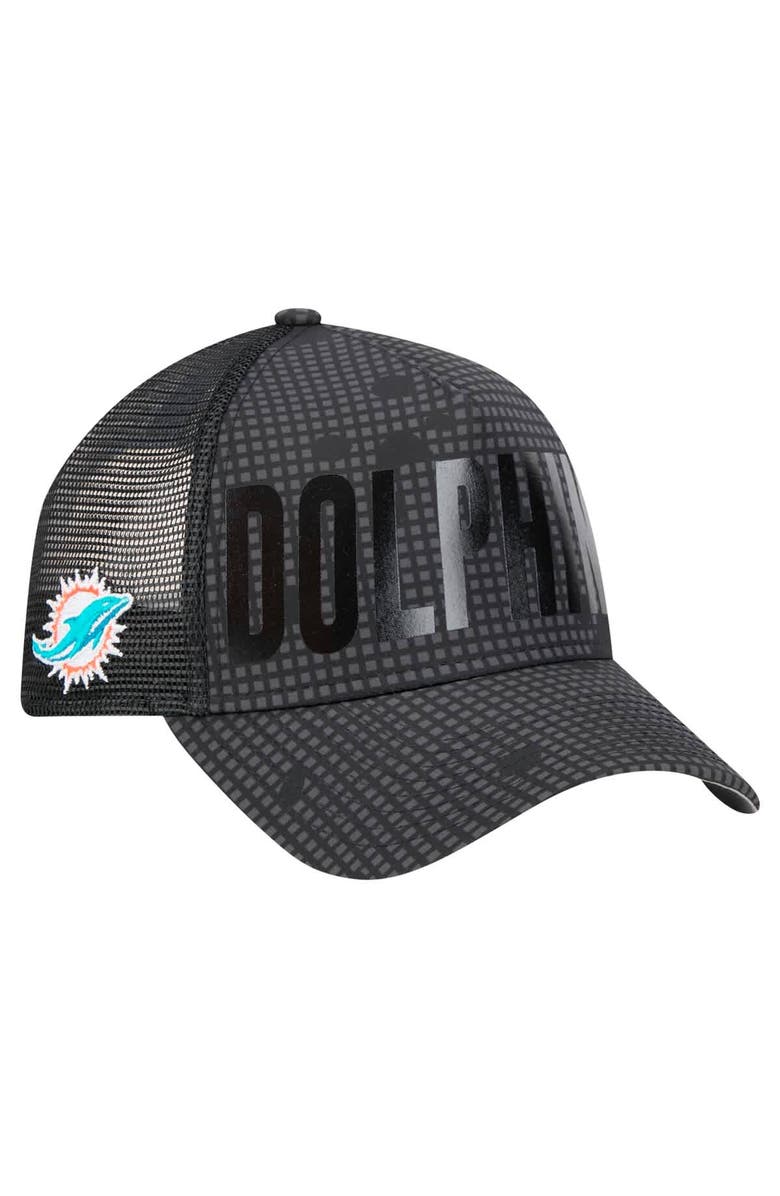 New Era Men's New Era Black Miami Dolphins Midnight Ink Tonal Text A-Frame Trucker 9FORTY Adjustable Hat, Main, color, Black