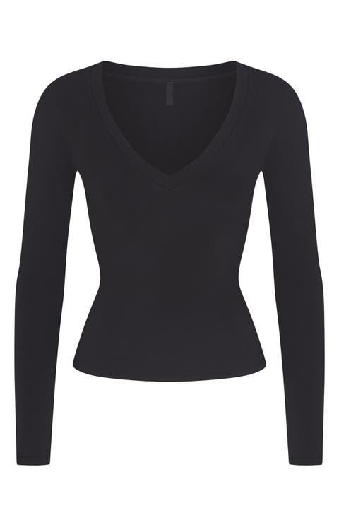 Cotton Jersey V-Neck Long Sleeve T-Shirt