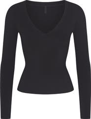 SKIMS Cotton Jersey V-Neck Long Sleeve T-Shirt