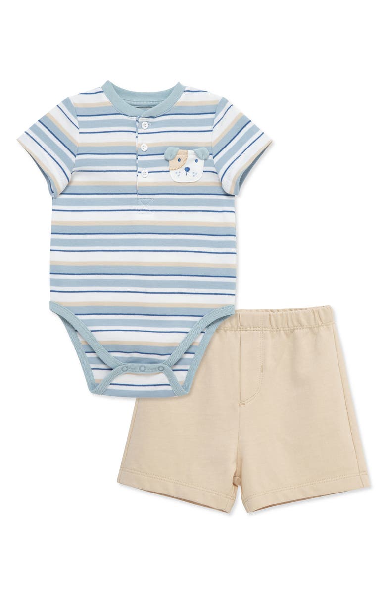 Little Me Puppy Appliquè Bodysuit & Shorts Set, Main, color, Tan