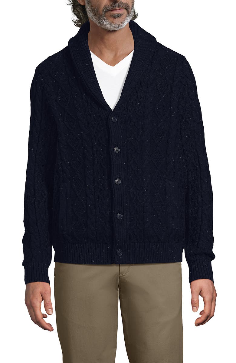 Lands' End Cotton Blend Cable Shawl Cardigan Sweater, Main, color, Highlands Navy Donegal