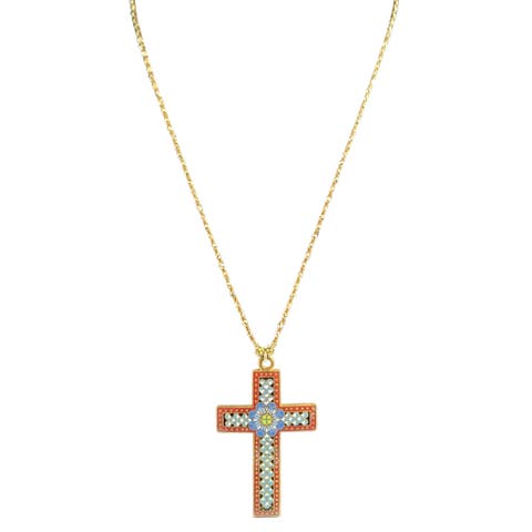 Vintage Ivory Enamel Cross Pendant Necklace