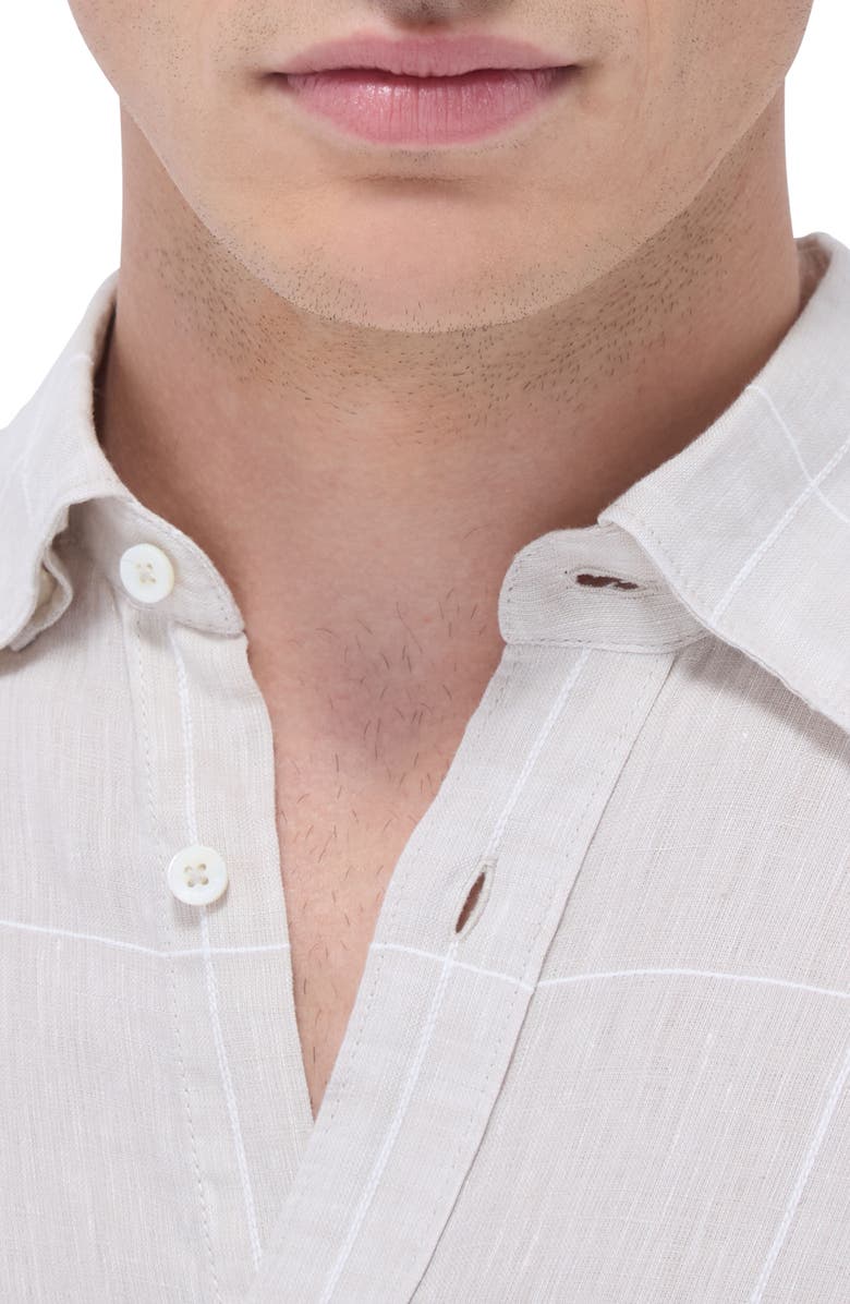 Bugatchi Julian Windowpane Check Linen & Cotton Button-Up Shirt, Alternate, color, Sand