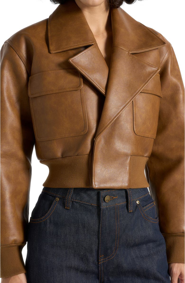 Manière De Voir Cosette Vintage Leather Lapel Bomber Jacket, Main, color,