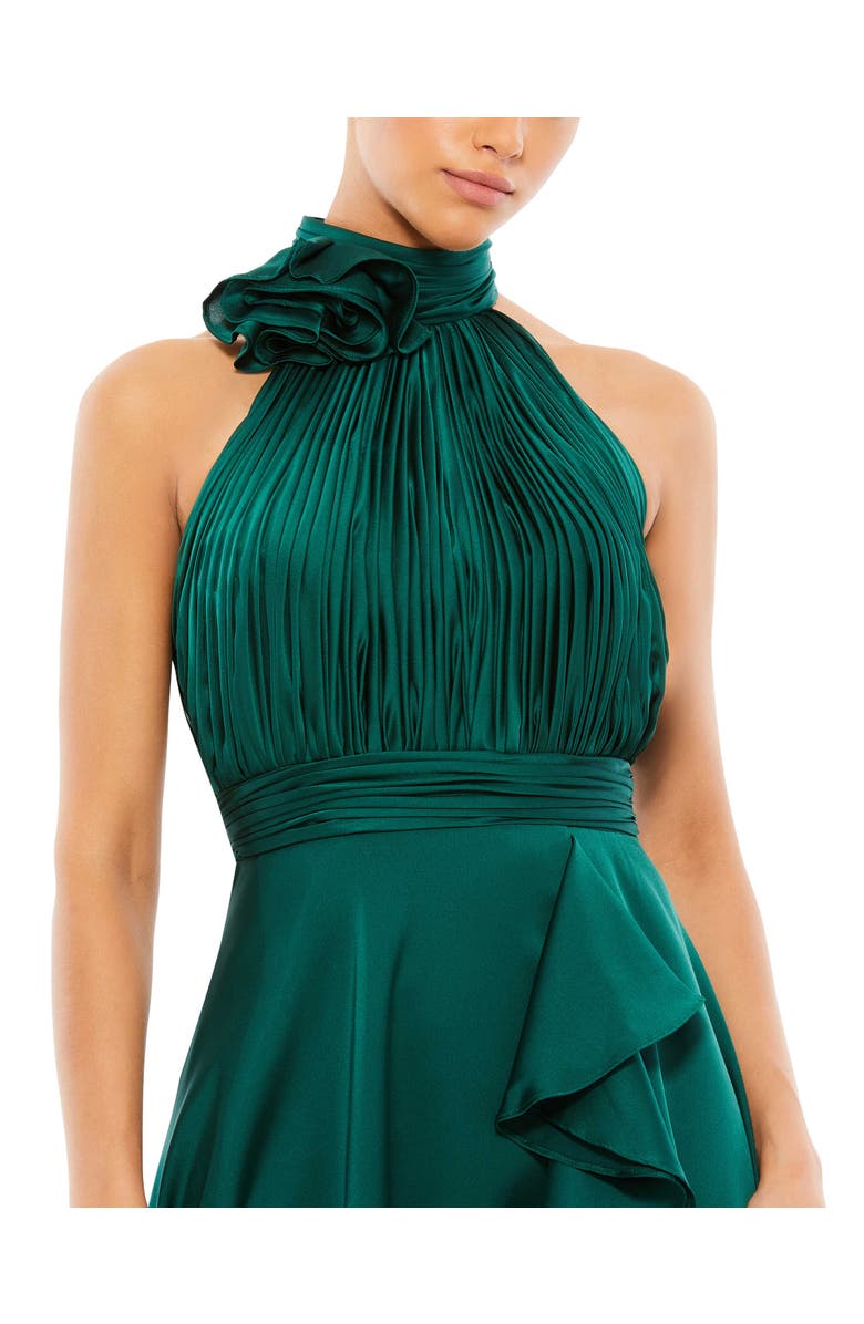 Mac Duggal Halter Neck Flower Detail Ruffled Midi Dress, Alternate, color, Emerald