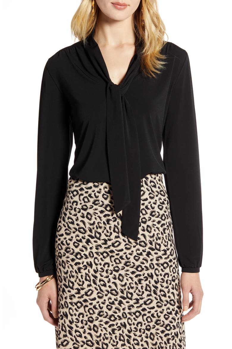 Tie Neck Long Sleeve Top, Main, color, BLACK