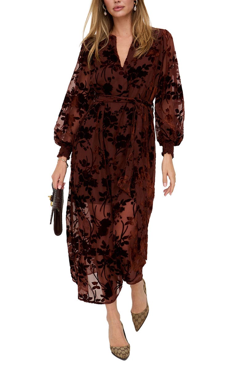 Lily and Lionel London Brezze High Neck Velvet Burnout Maxi Dress, Alternate, color, Brown