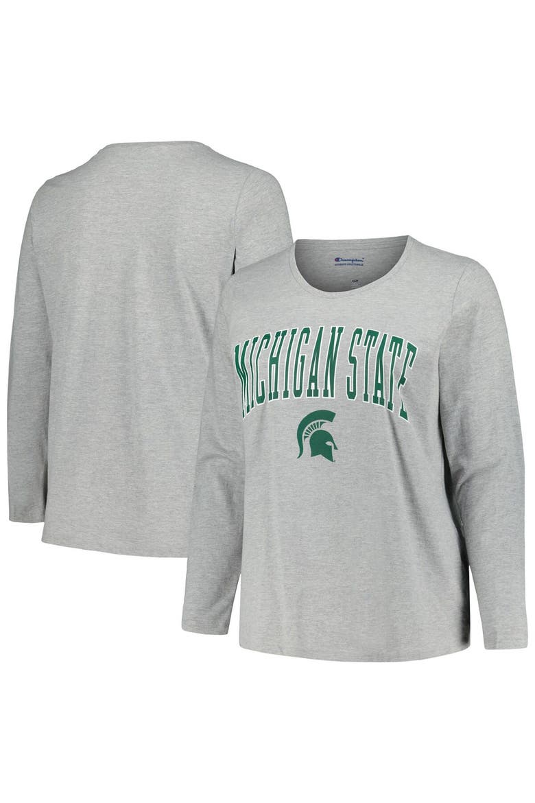 Women's Profile Heather Gray Michigan State Spartans Plus Size Arch Over Logo Scoop Neck Long Sleeve T-Shirt, Alternate, color, Heather Gray