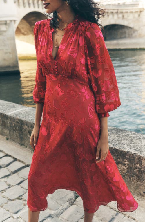 Boden Cassie Devore Long Sleeve Midi Dress In Red