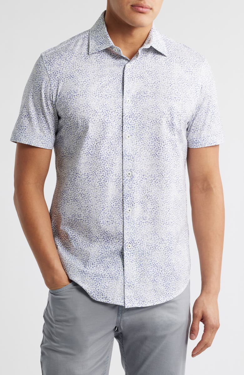 Bugatchi Miles OoohCotton<sup>®</sup> Leaf Print Short Sleeve Button-Up Shirt, Main, color, Peacock