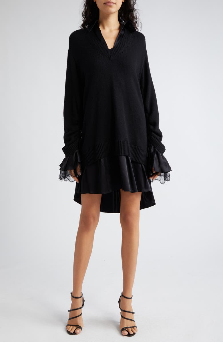 Cinq à Sept Atlas Santina Mixed Media Long Sleeve Sweater Dress, Main, color, Black/ Black