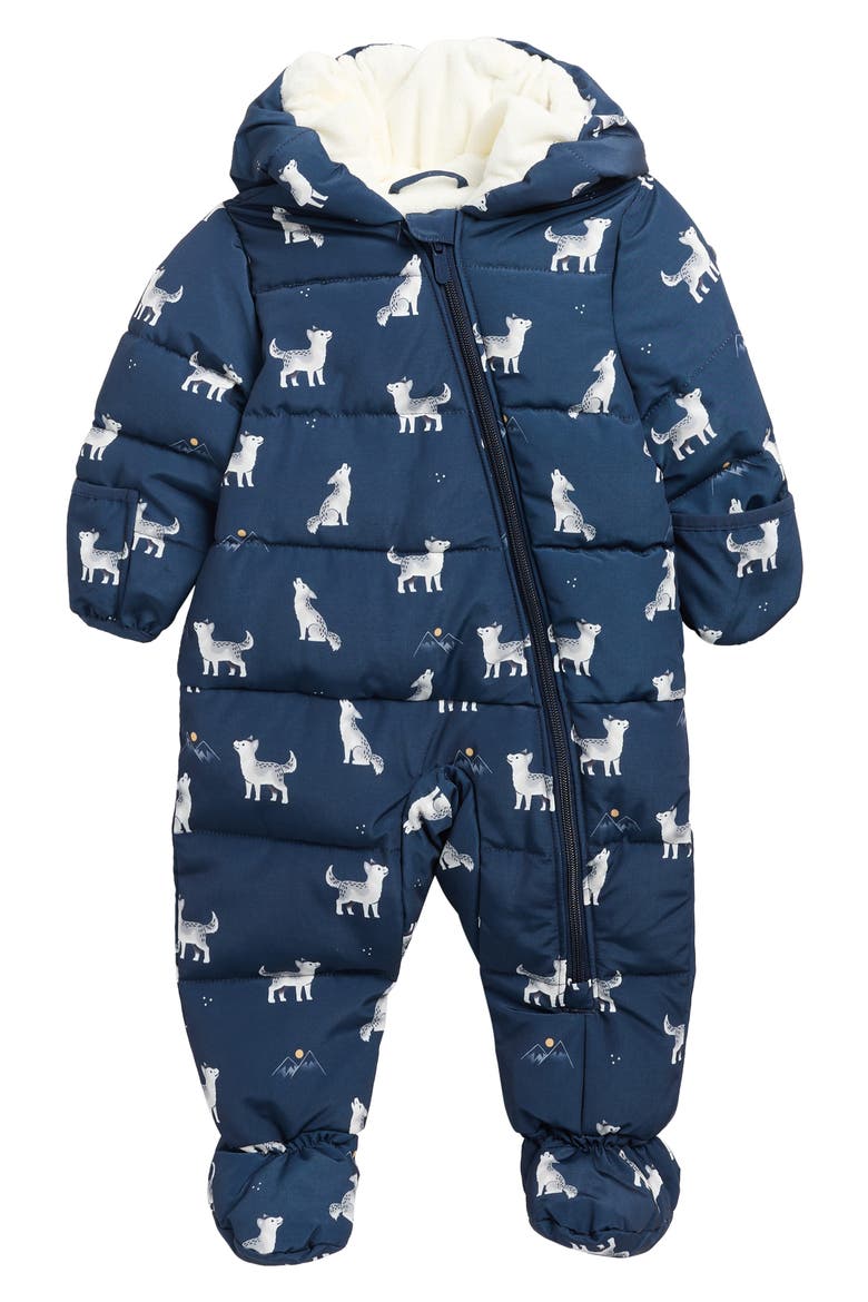 Wolf Pup Hooded Water Repellent Puffer Snowsuit, Main, color, NAVY