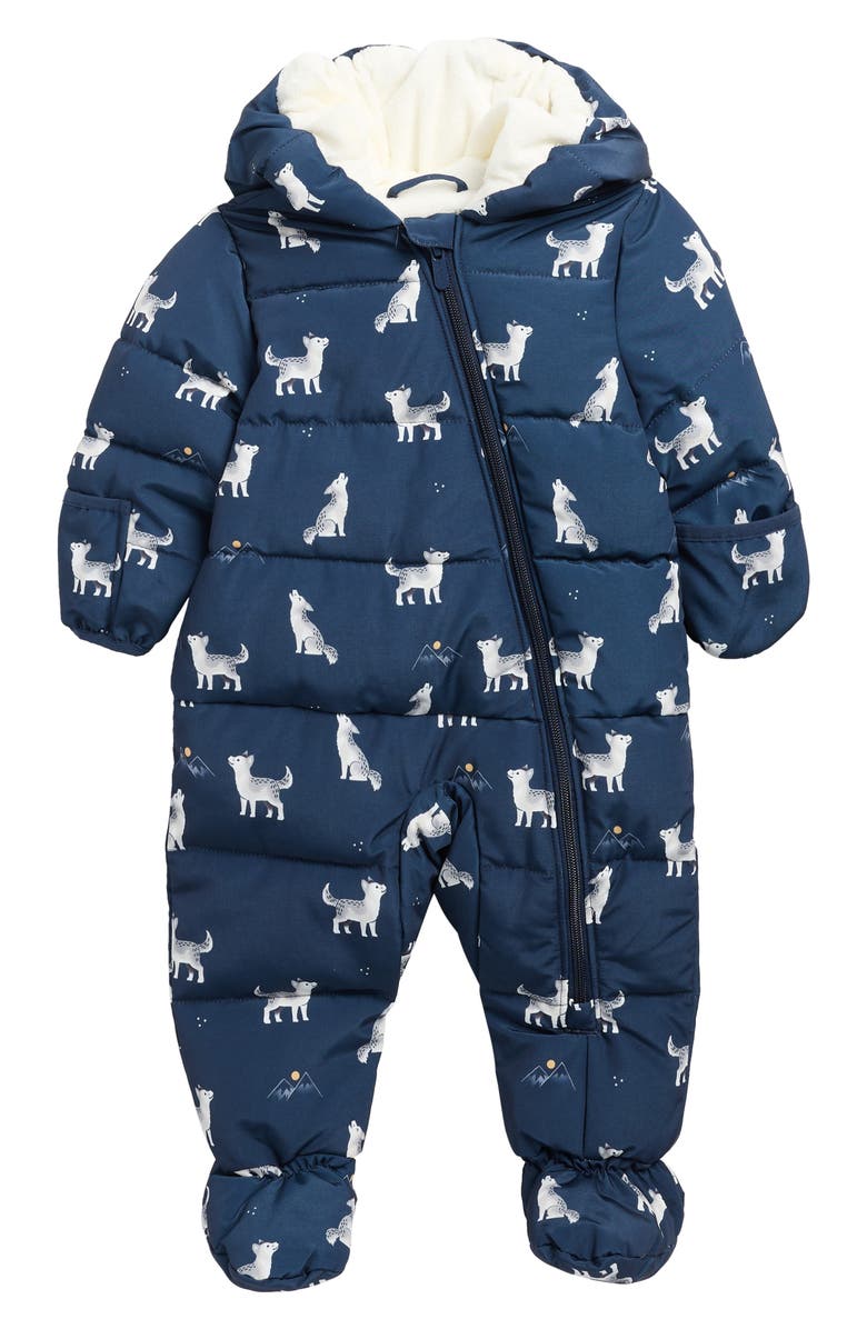 FIRSTS by Petit Lem Wolf Pup Hooded Water Repellent Puffer Snowsuit, Main, color, Navy