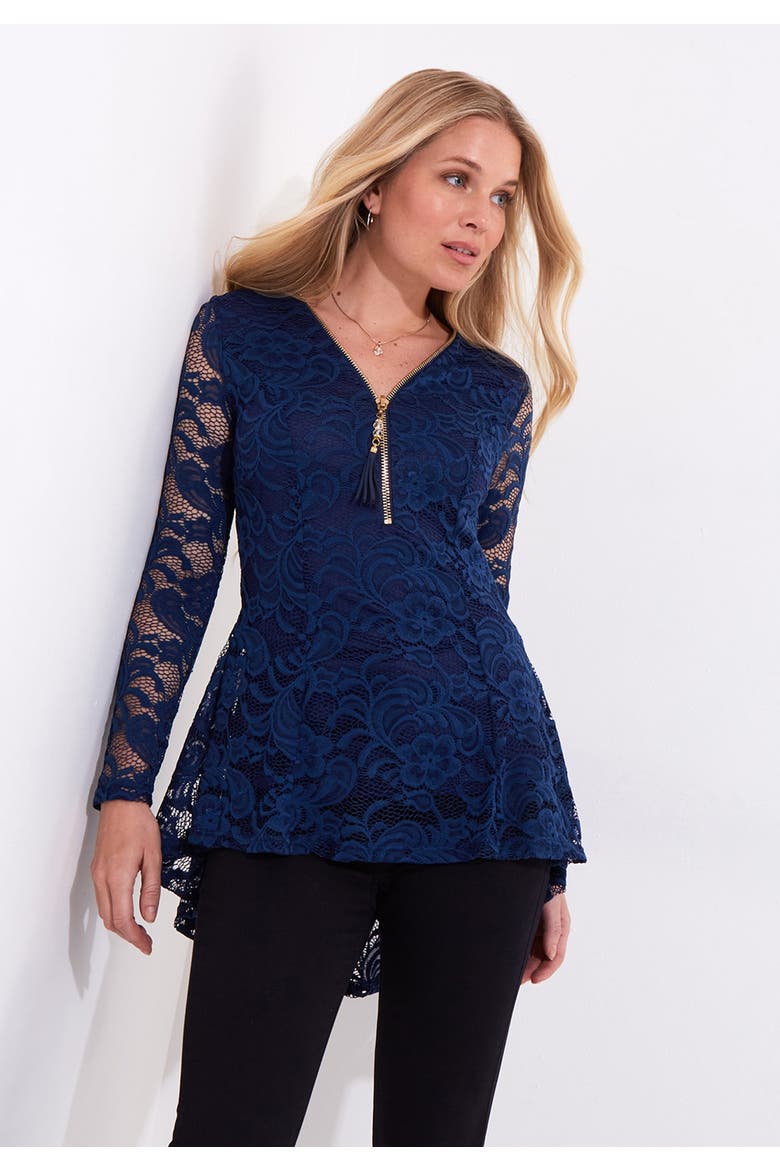 V Neck Zip Lace Tunic, Main, color, EVENING BLUE
