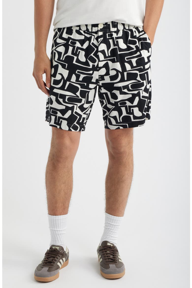 Kurt Squiggle Geo Cotton & Linen Shorts, Main, color, BLACK / ECRU