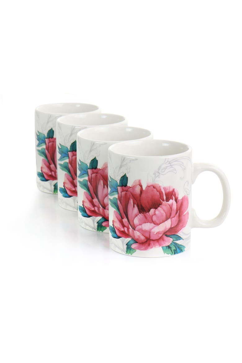Peony 4 Piece 16 Ounce Fine Ceramic Mug Set in, Alternate, color, White and Pink