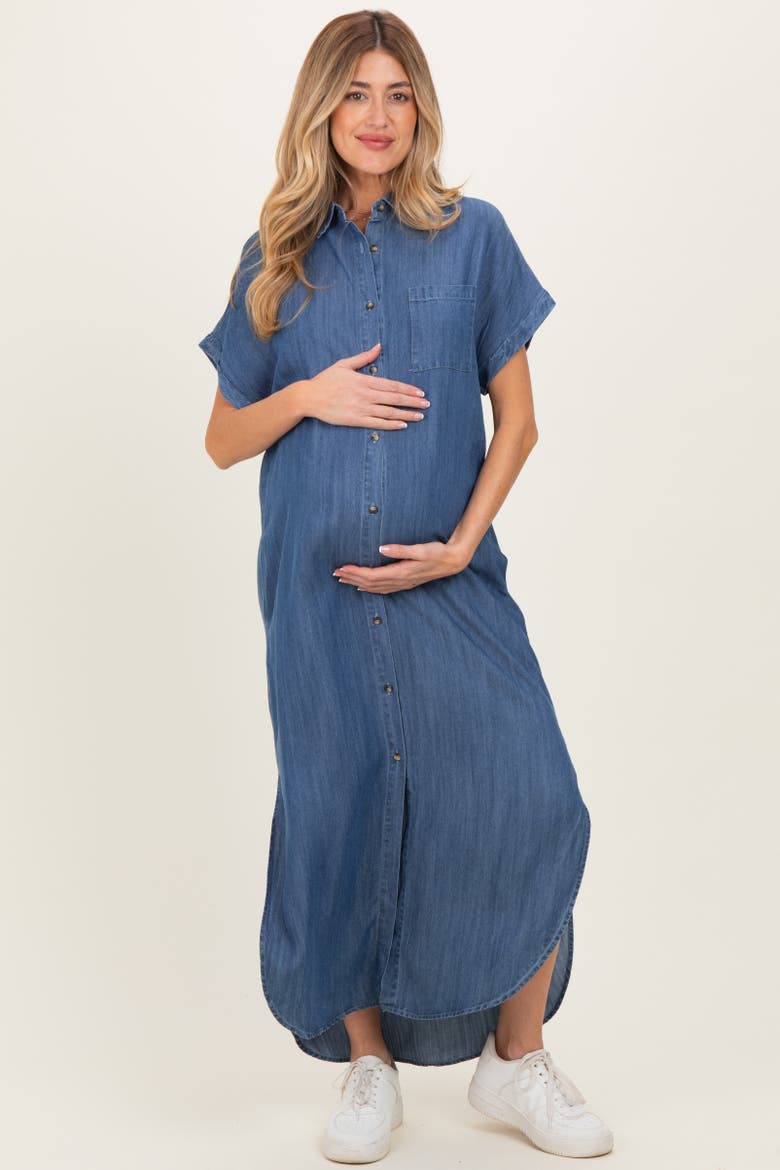 Chambray Button Down Shirt Dress, Alternate, color, Blue