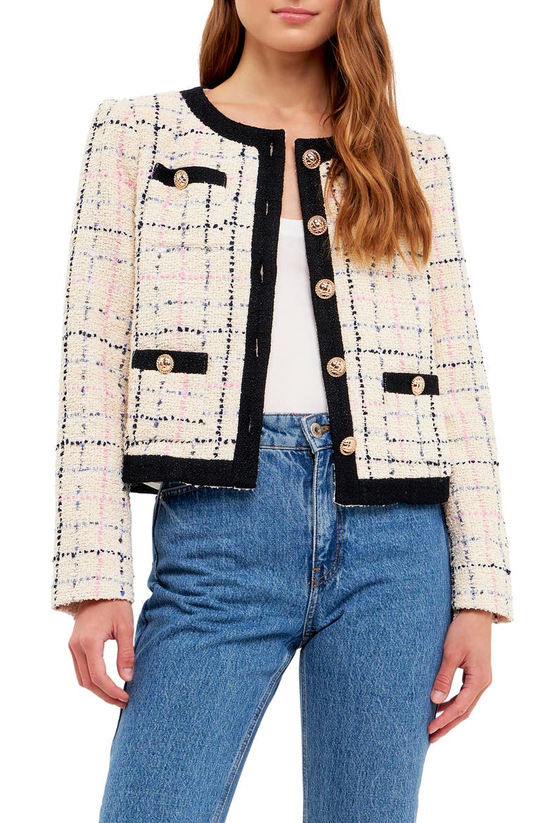 Plaid Bouclé Jacket, Main, color, CREAM MULTI