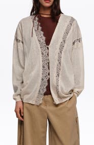 Bimba y Lola Long Cotton and Linen Cardigan With Lace Trim