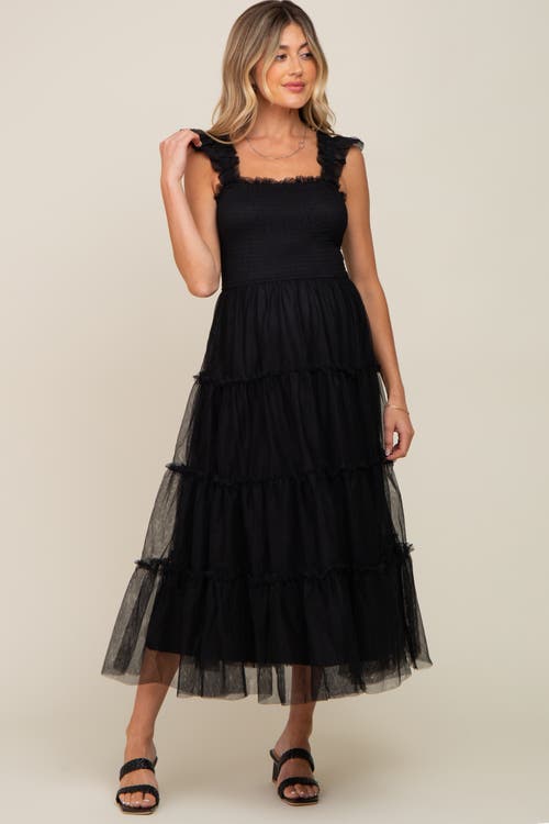 Pinkblush Smocked Mesh Ruffle Accent Midi Dress In Black