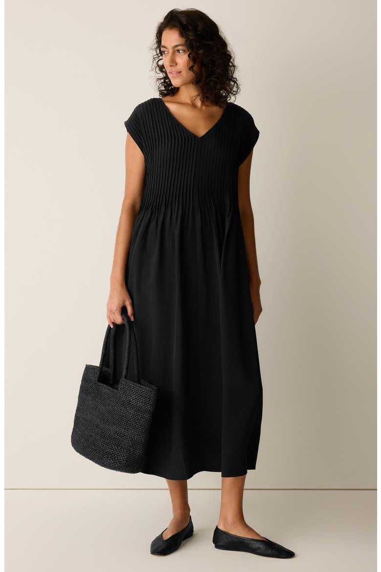 Pintuck Pleat Silk Maxi Dress, Alternate, color, BLACK