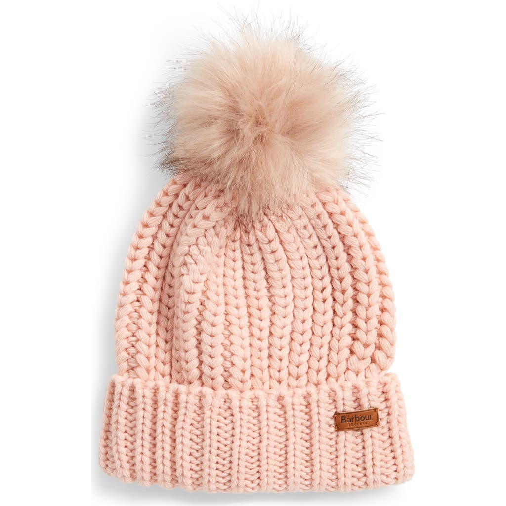 Barbour Saltburn Faux Fur Pom Beanie In Pink