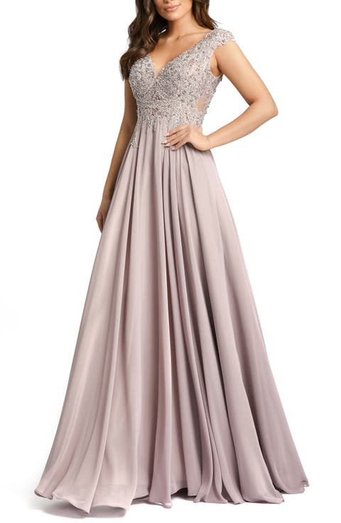 Appliqued Cap Sleeve Bodice Flowy Gown