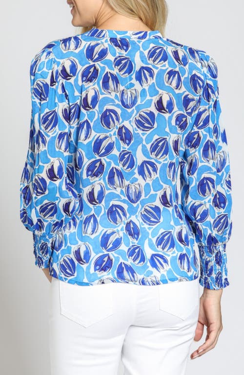 Apny Print Smocked Cuff Top In Blue Multi