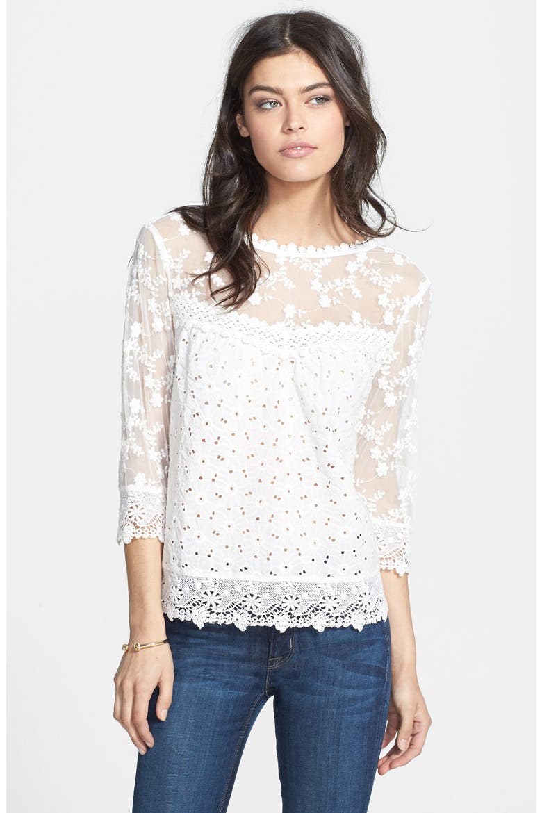 Hinge® Lace Detail Three Quarter Sleeve Blouse, Main, color, CREAM CLOUD