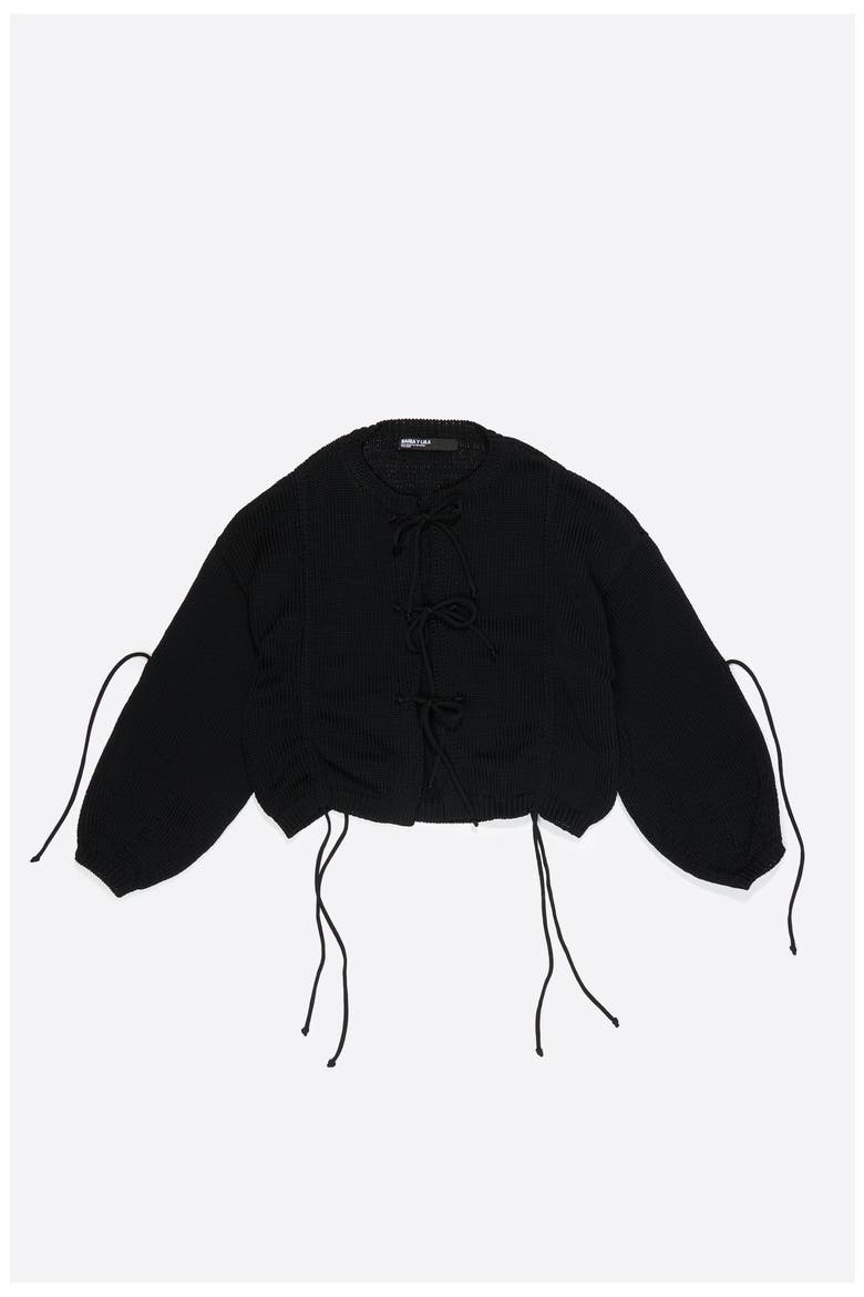 Ruched Tie Cardigan, Alternate, color, BLACK