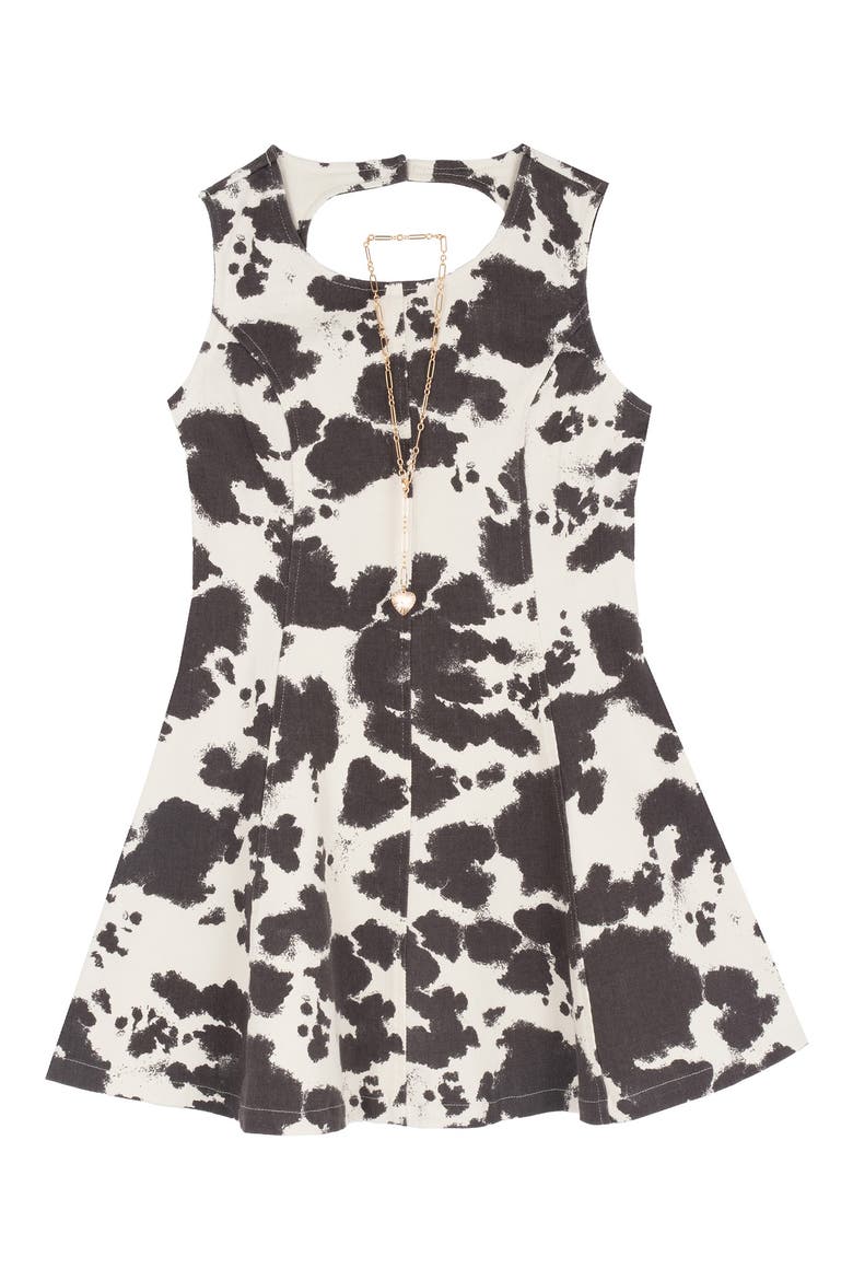 Kids' Cow Print Paneled Twill A-Line Dress & Necklace, Main, color, BROWN