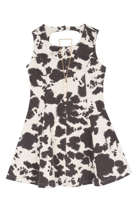 Kids' Cow Print Paneled Twill A-Line Dress & Necklace