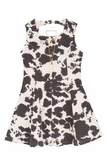 Kids' Cow Print Paneled Twill A-Line Dress & Necklace