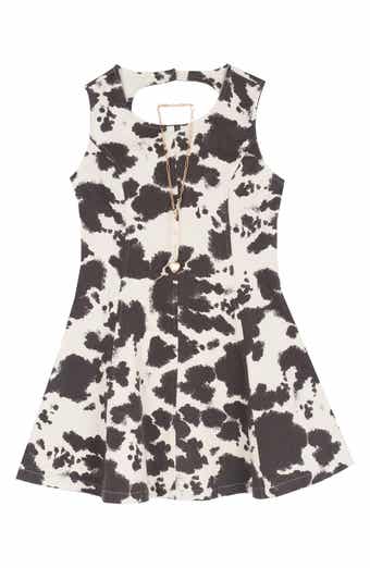 Kids' Cow Print Paneled Twill A-Line Dress & Necklace