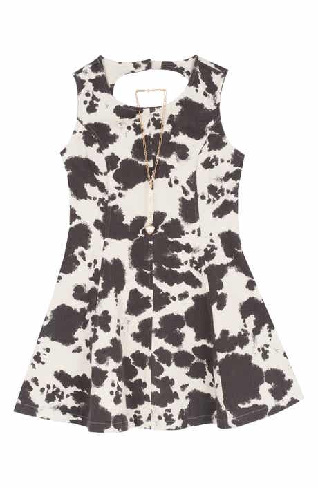 Kids' Cow Print Paneled Twill A-Line Dress & Necklace