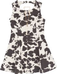 Rare Editions Kids' Cow Print Paneled Twill A-Line Dress & Necklace