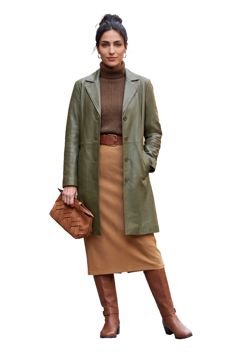 Leather Swing Coat, Main, color, DARK OLIVE GREEN
