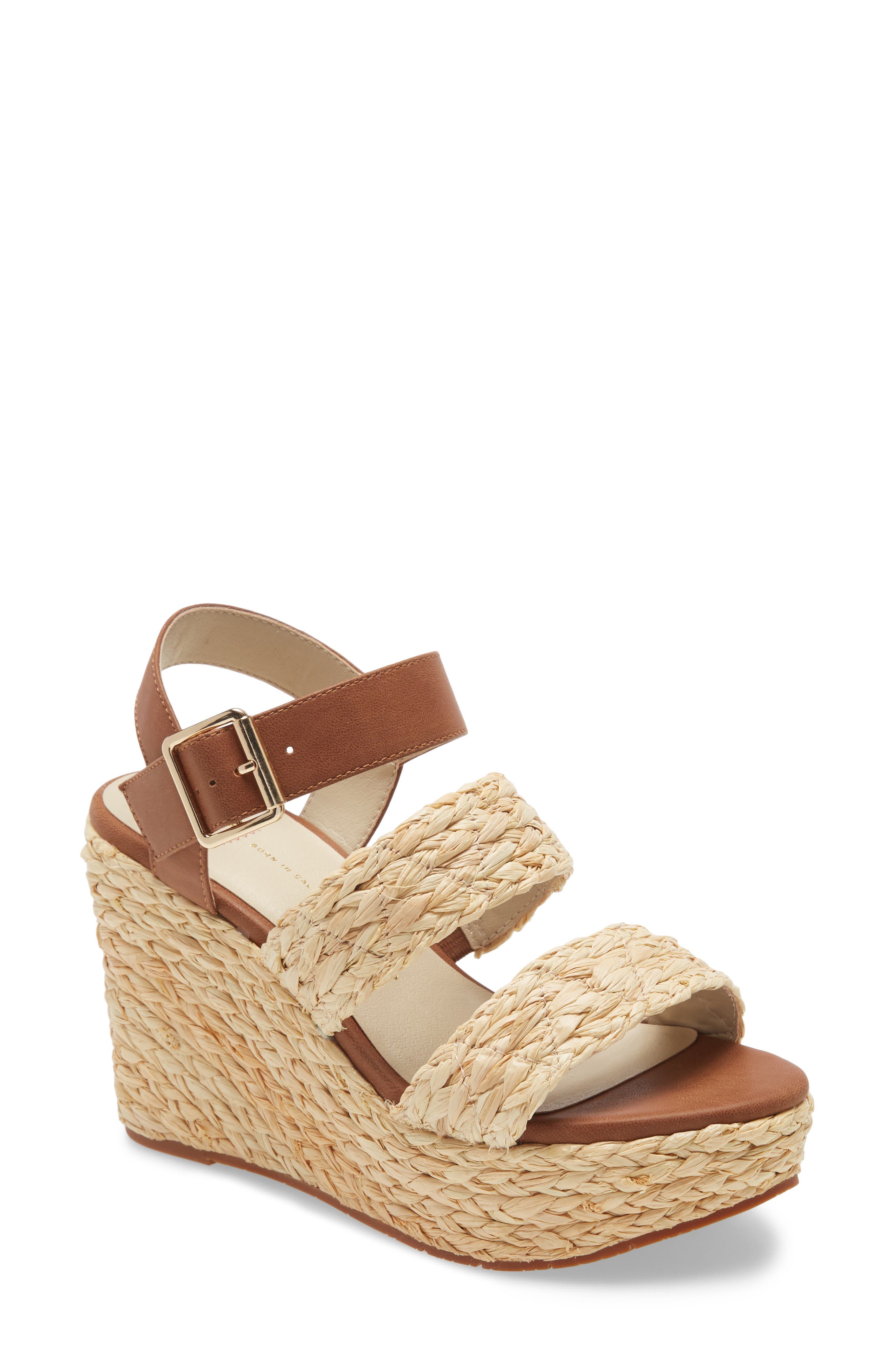 Individuality Vegan Platform Wedge Sandal, Main, color, NATURAL RAFFIA/ COGNAC