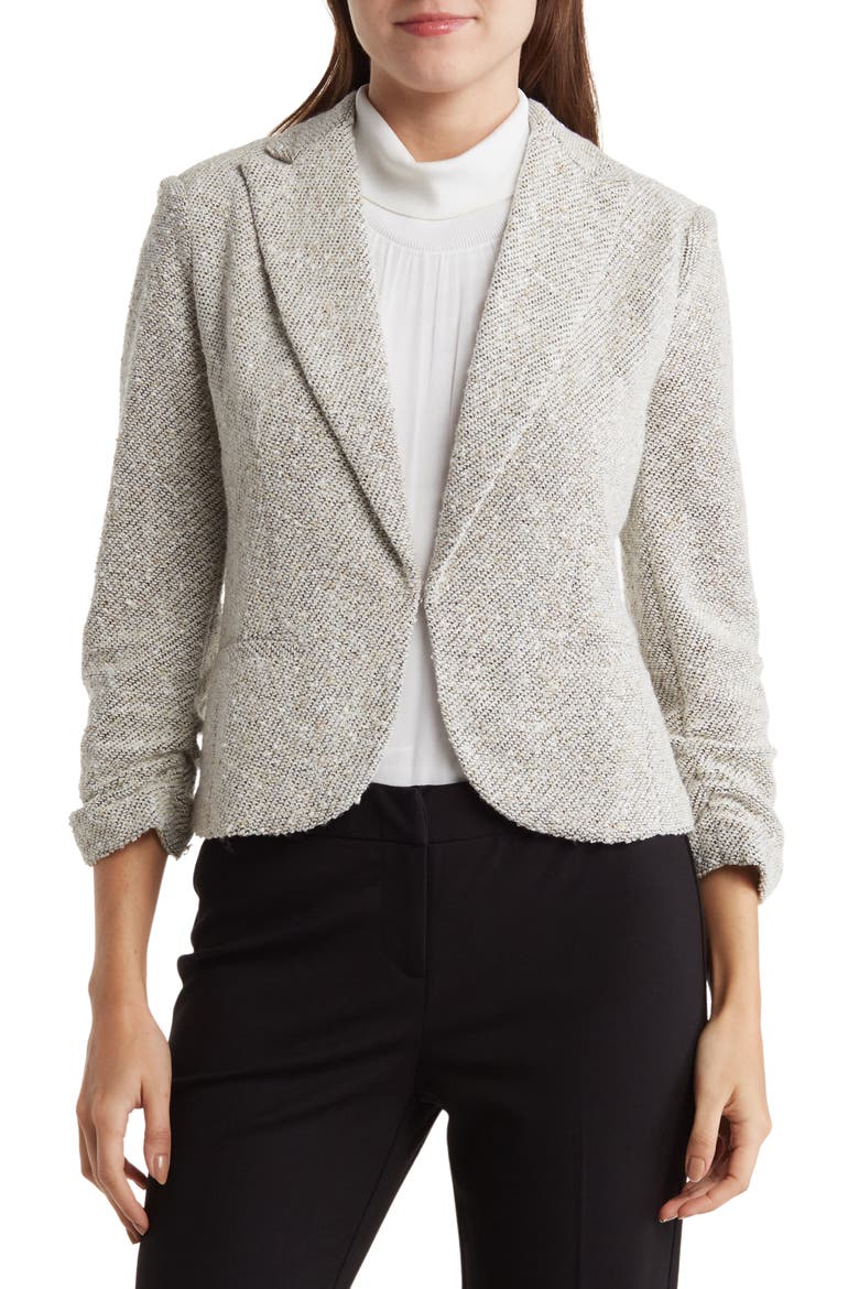 Bouclé Tweed Scrunch Sleeve Blazer, Main, color, TAUPE