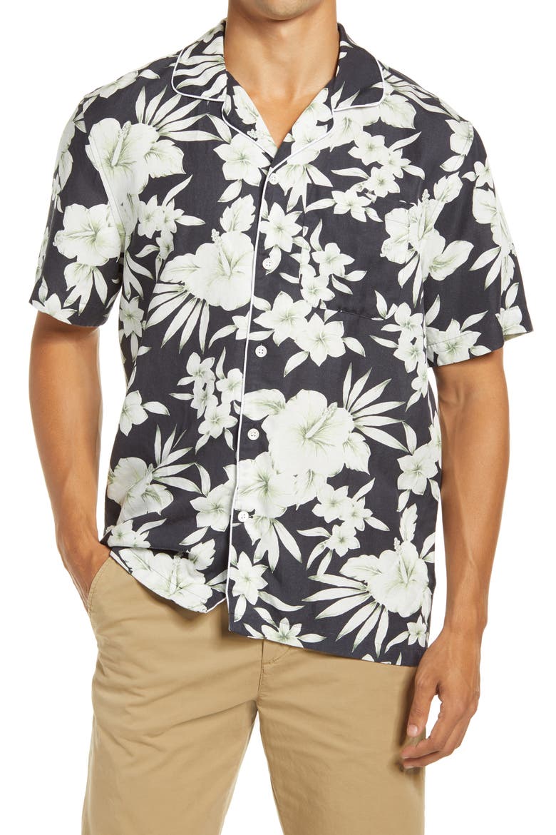 Paris Floral Men's Button-Up Camp Shirt, Main, color, NAVY PRINT