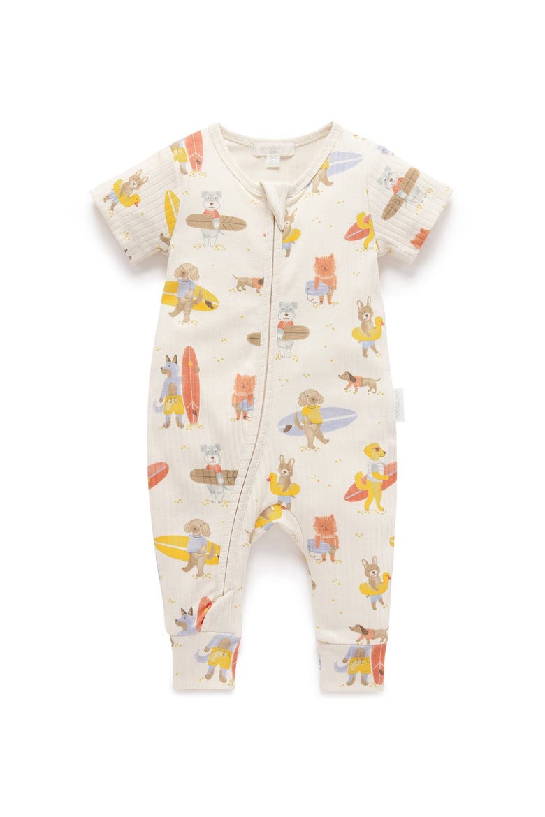 Rib Zip Short Sleeve Romper, Main, color, Little Surfing Dogs Print