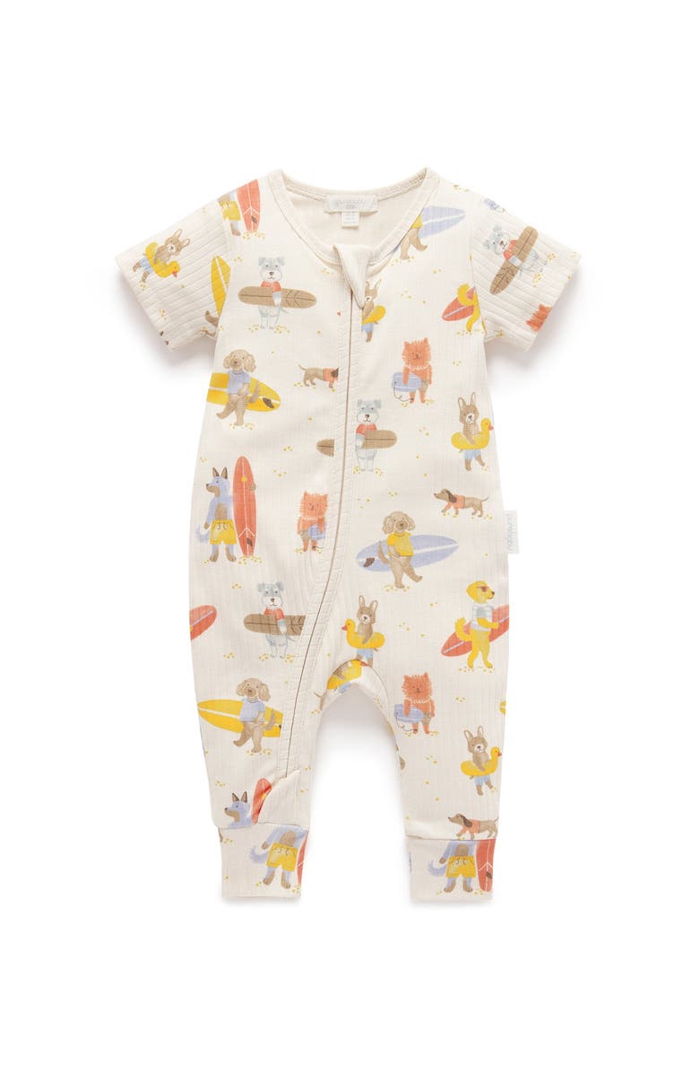Purebaby Rib Zip Short Sleeve Romper, Main, color, Little Surfing Dogs Print