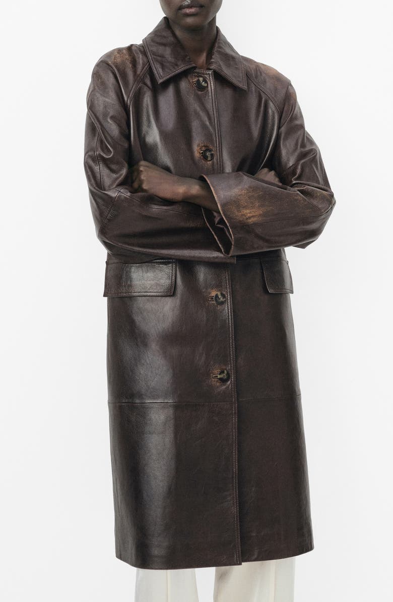 MANGO Selection Longline Leather Coat, Main, color, Brown